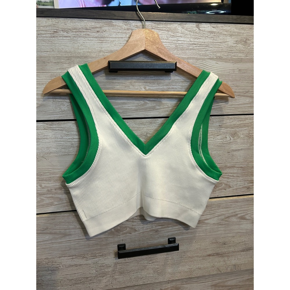 Offline by Aerie White Green Ribbed V-Neck Sports Bra Crop Top Large - Picture 2 of 5